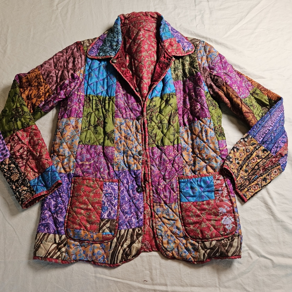 Vintage Coldwater Creek Reversible Velvet Jacket XS Boho Y2K Grandmacore Quilted - Picture 10 of 12